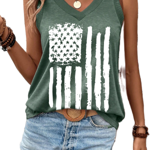 Mist Green American Flag Graphic V Neck Tank Top for Women - Main View