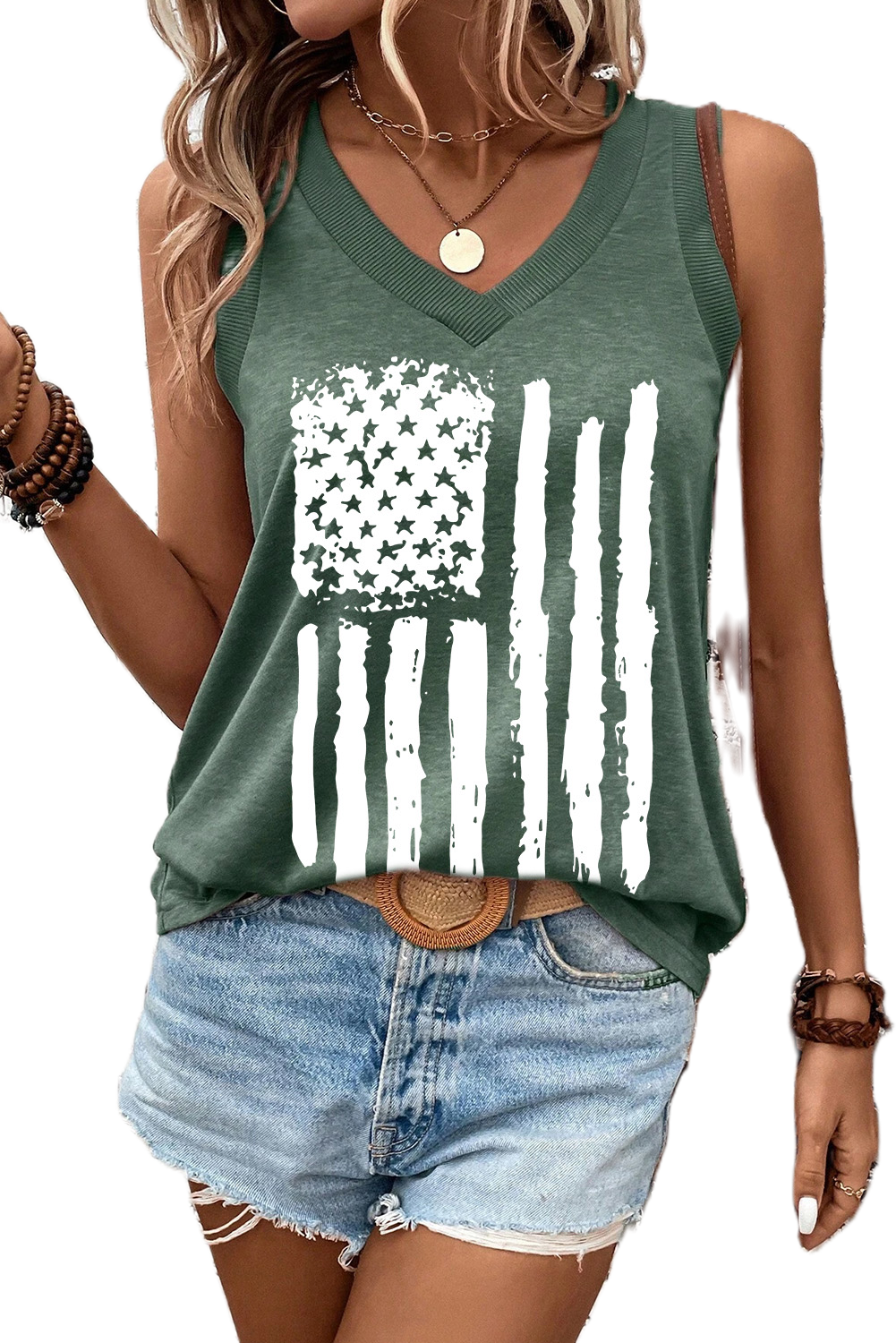 Mist Green American Flag Graphic V Neck Tank Top for Women - Main View Mist Green American Flag Graphic V Neck Tank Top for Women - Main View