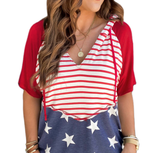 Women's Fiery Red Stars and Stripes Print Drawstring Hooded T Shirt - Main View