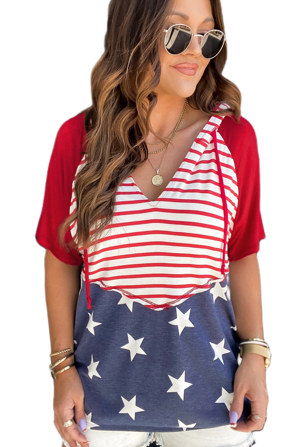 Women's Fiery Red Stars and Stripes Print Drawstring Hooded T Shirt - Main View Women's Fiery Red Stars and Stripes Print Drawstring Hooded T Shirt - Main View