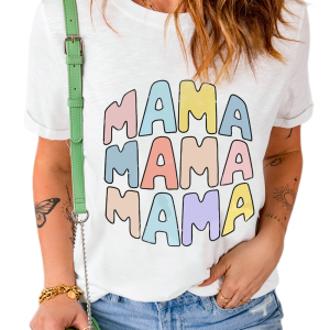 Women's Mama Slogan T Shirt, White Casual Round Neck Top - Main View