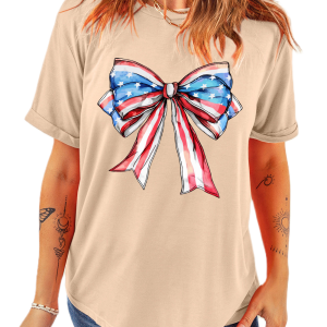 Women's American Flag Bow T Shirt, Casual Khaki Graphic Tee - Main View