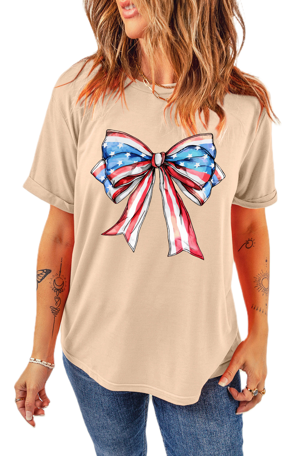 Women's American Flag Bow T Shirt, Casual Khaki Graphic Tee - Main View Women's American Flag Bow T Shirt, Casual Khaki Graphic Tee - Main View