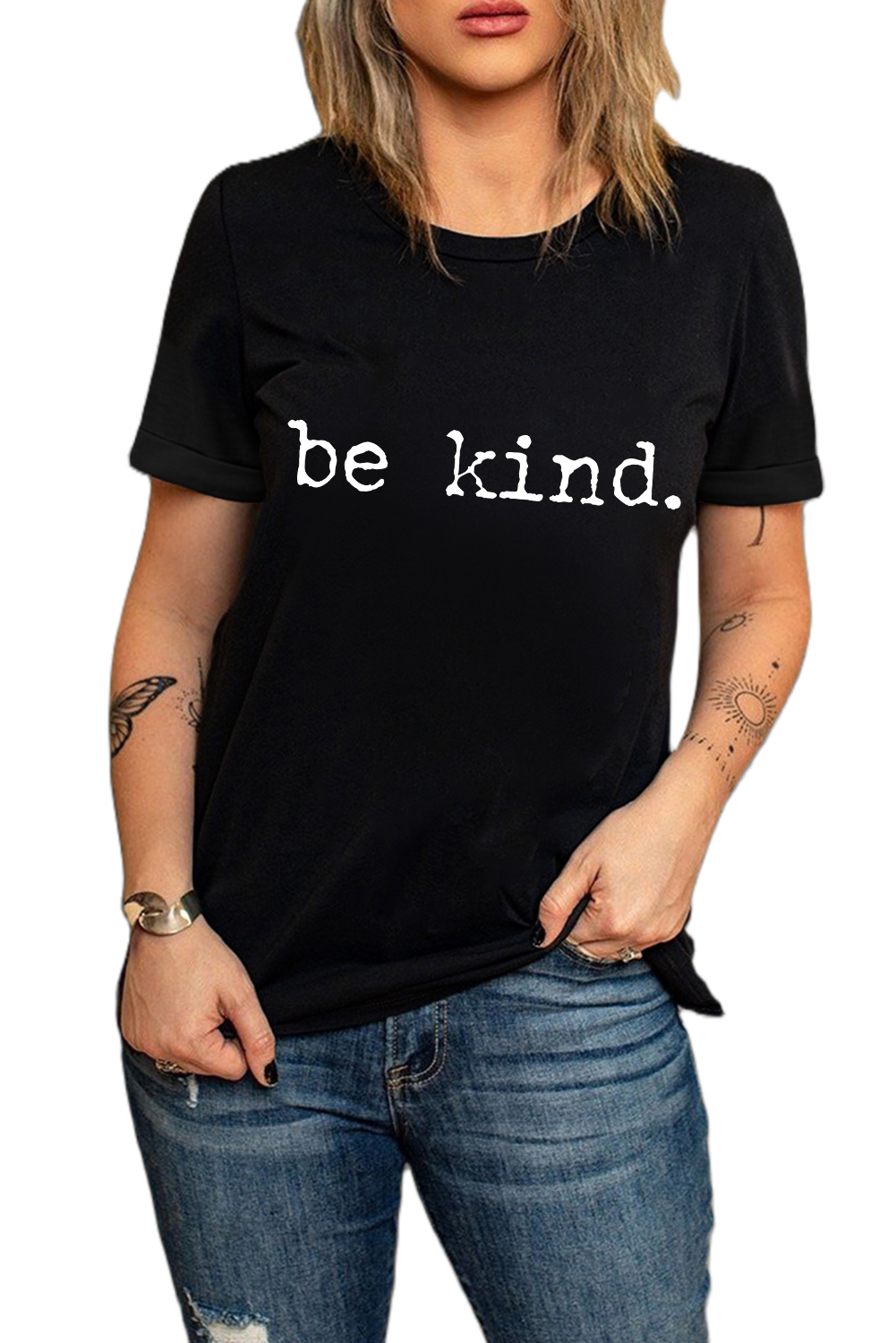Women's Be Kind T Shirt, Casual Slogan Print Summer Top - Main View Women's Be Kind T Shirt, Casual Slogan Print Summer Top - Main View