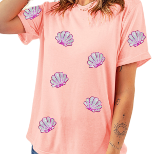 Women's Pink Sequin Shell T Shirt, Casual Summer Graphic Tee - Main View