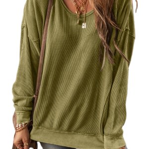 Women's Jungle Green Sweatshirt, Ribbed Long Sleeve Top - Main View