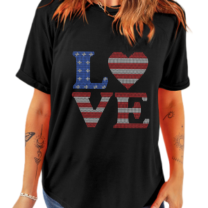 Women's Black Rhinestone USA Flag Stripes and Stars LOVE Graphic T-Shirt - Main View