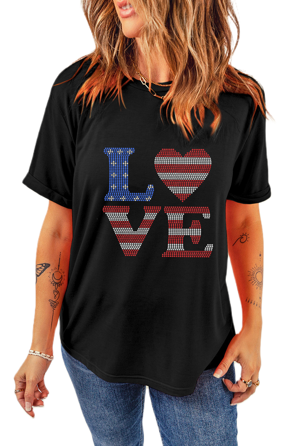 Women's Black Rhinestone USA Flag Stripes and Stars LOVE Graphic T-Shirt - Main View Women's Black Rhinestone USA Flag Stripes and Stars LOVE Graphic T-Shirt - Main View