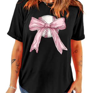 Women's Baseball Bow T Shirt, Casual Graphic Summer Top - Main View