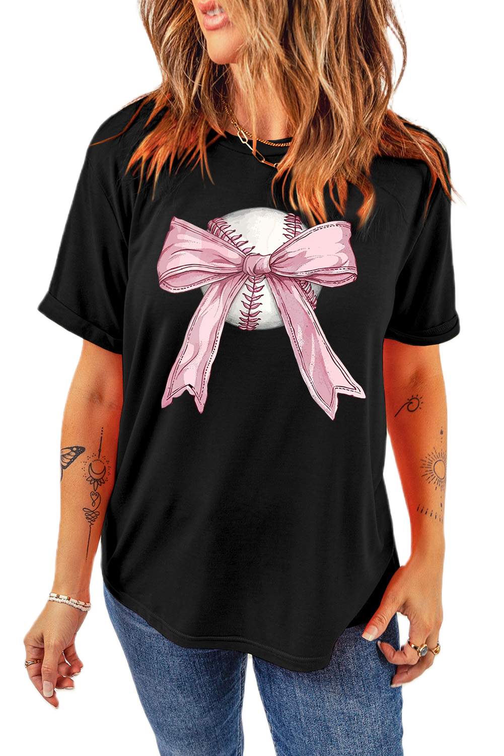 Women's Baseball Bow T Shirt, Casual Graphic Summer Top - Main View Women's Baseball Bow T Shirt, Casual Graphic Summer Top - Main View