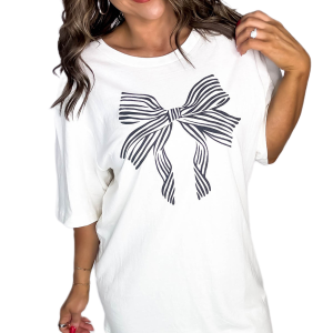 Women's White Striped Bow Knot Half Sleeve Tunic T-Shirt - Main View
