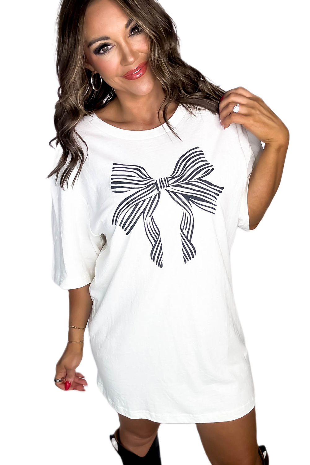 Women's White Striped Bow Knot Half Sleeve Tunic T-Shirt - Main View Women's White Striped Bow Knot Half Sleeve Tunic T-Shirt - Main View