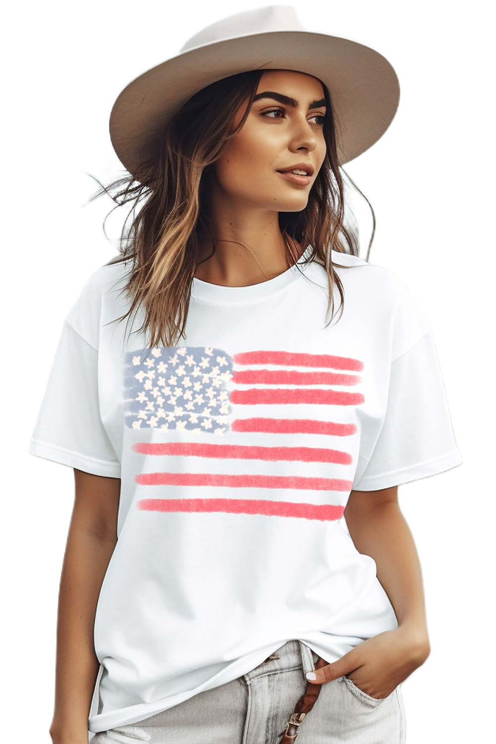 Women's USA Flag Pattern White Crew Neck Short Sleeve Tee - Main View Women's USA Flag Pattern White Crew Neck Short Sleeve Tee - Main View
