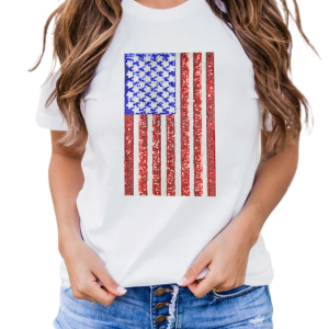 Women's Patriotic Flag Graphic Tee, Shimmery Sequin Short Sleeve - Main View