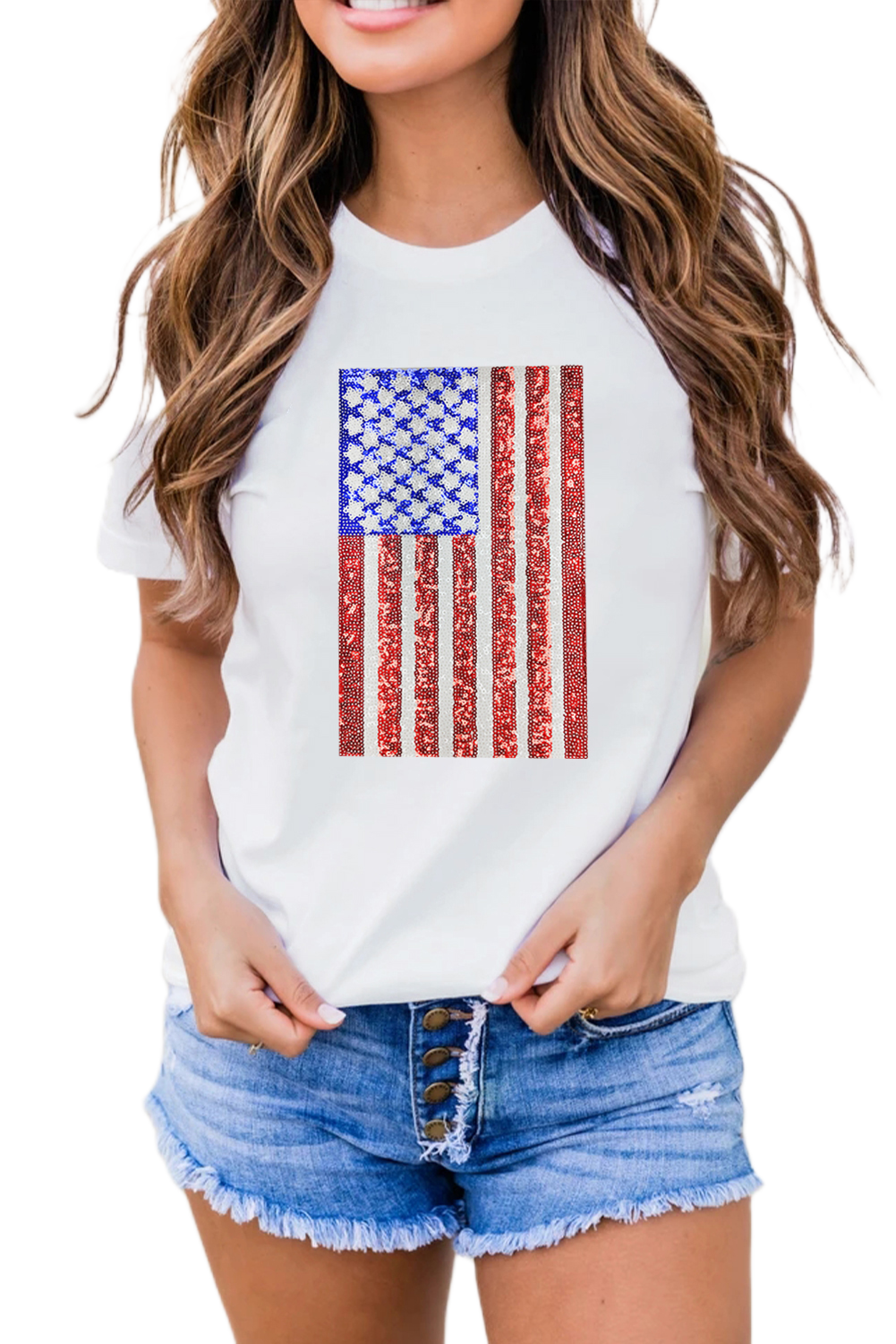 Women's Patriotic Flag Graphic Tee, Shimmery Sequin Short Sleeve - Main View Women's Patriotic Flag Graphic Tee, Shimmery Sequin Short Sleeve - Main View