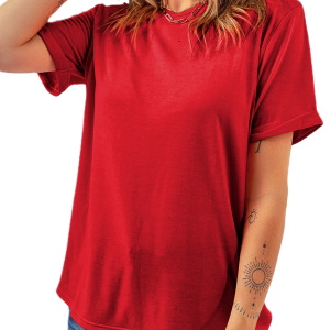 Women's Red Crew Neck Tee, Casual Short Sleeve Summer Top - Main View