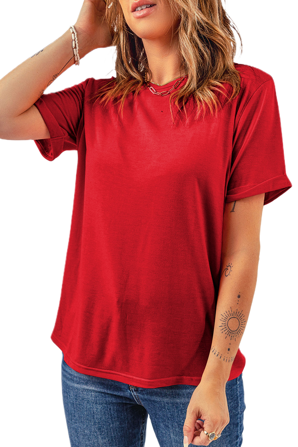 Women's Red Crew Neck Tee, Casual Short Sleeve Summer Top - Main View Women's Red Crew Neck Tee, Casual Short Sleeve Summer Top - Main View