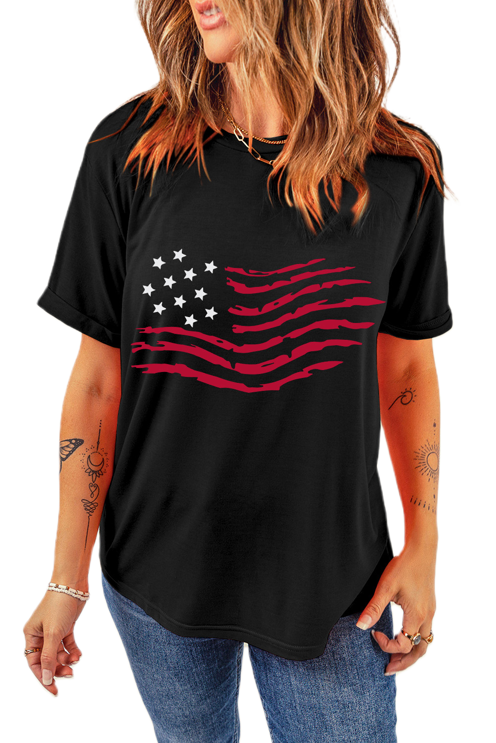 Women's Trendy American Flag Graphic Crew Neck T-Shirt - Main View Women's Trendy American Flag Graphic Crew Neck T-Shirt - Main View