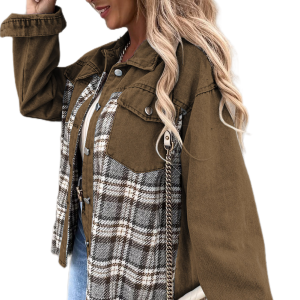 Women's Brown Plaid Denim Jacket, Chic Patchwork Shacket - Main View