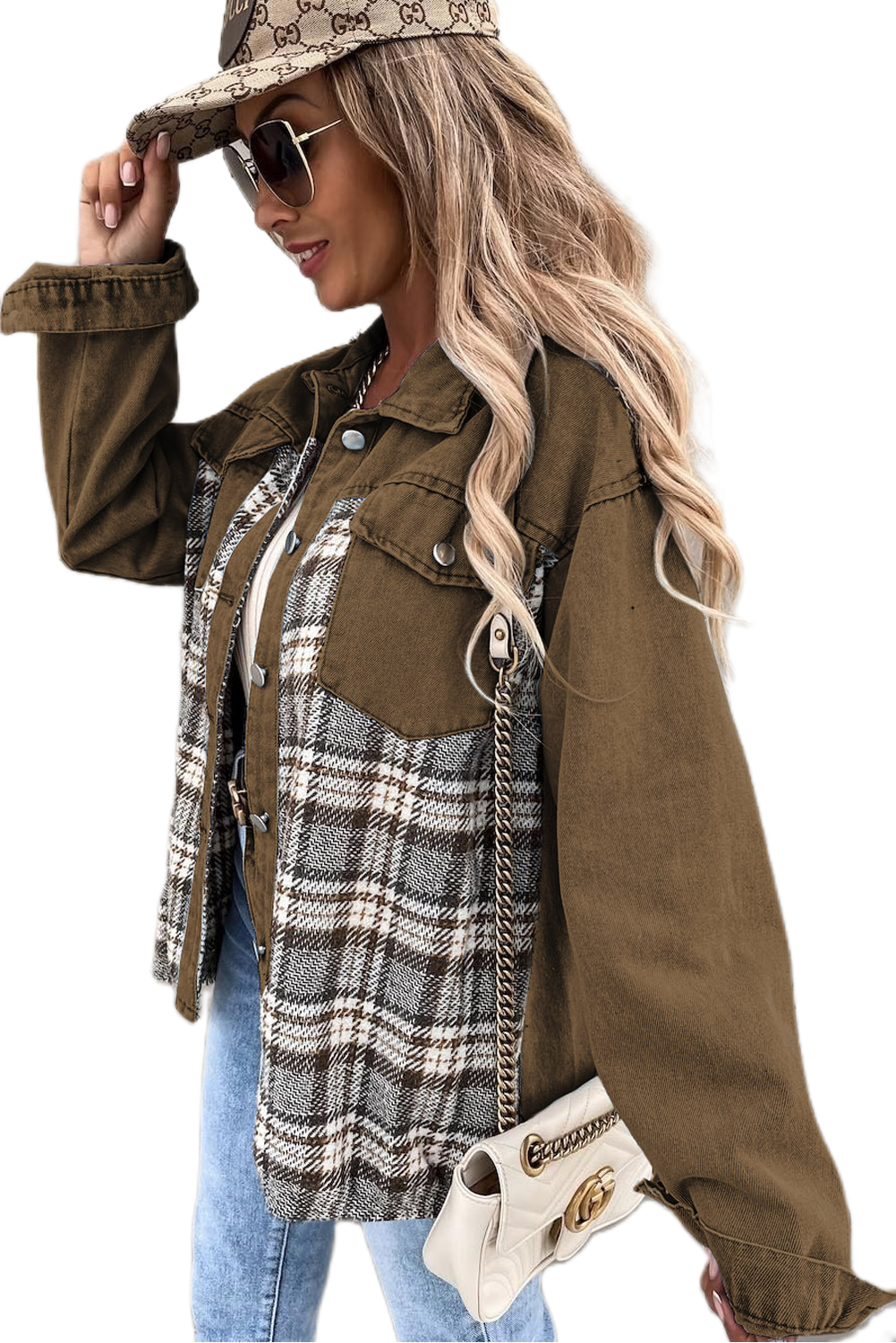 Women's Brown Plaid Denim Jacket, Chic Patchwork Shacket - Main View Women's Brown Plaid Denim Jacket, Chic Patchwork Shacket - Main View