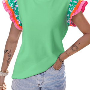 Women's Light Green Floral Sleeve Top with Ricrac Detailing - Main View