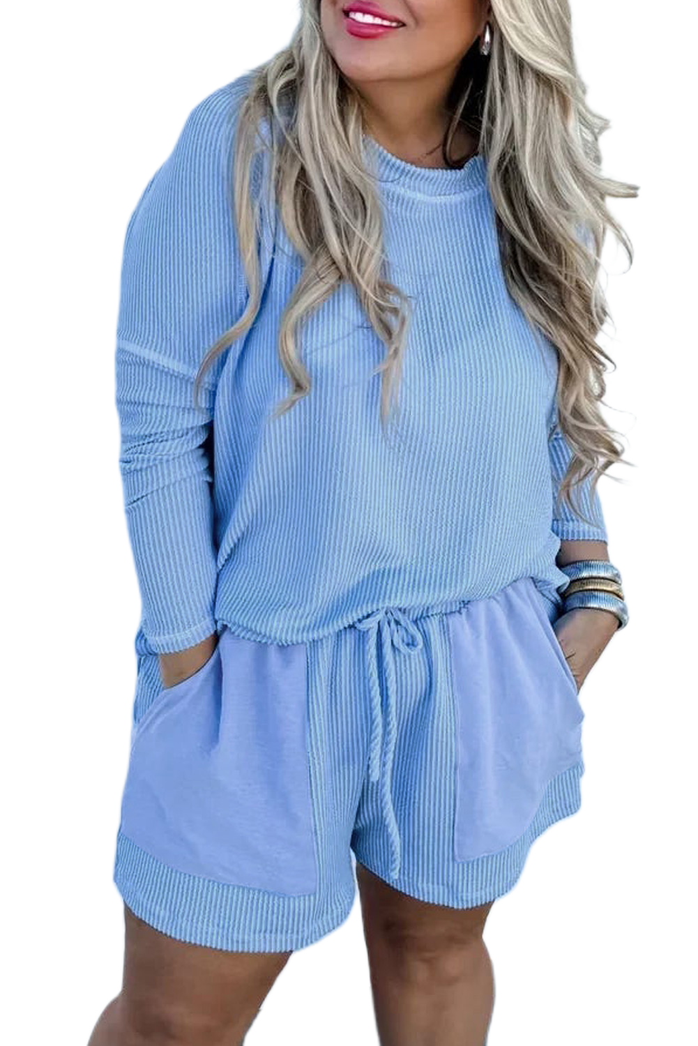 Plus Size Light Blue Ribbed Long Sleeve Top and Drawstring Shorts Set - Main View Plus Size Light Blue Ribbed Long Sleeve Top and Drawstring Shorts Set - Main View