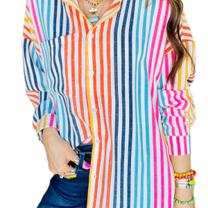 Women's Casual Orange Stripe Multicolor Drop Shoulder Loose Shirt - Main View
