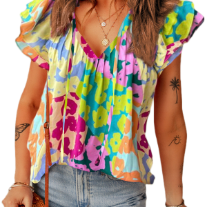 Women's Multicolour Leopard V-Neck Crinkled Blouse with Flutter Sleeves - Main View
