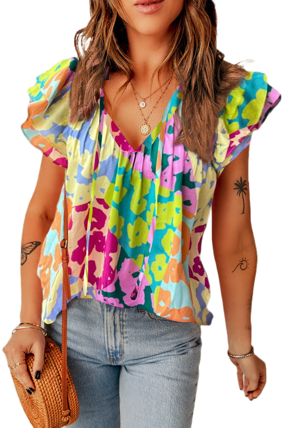Women's Multicolour Leopard V-Neck Crinkled Blouse with Flutter Sleeves - Main View Women's Multicolour Leopard V-Neck Crinkled Blouse with Flutter Sleeves - Main View
