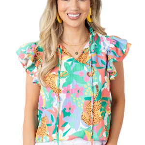 Women's Summer Green Frilly Ruffle Tie Split Neck Floral Blouse - Main View