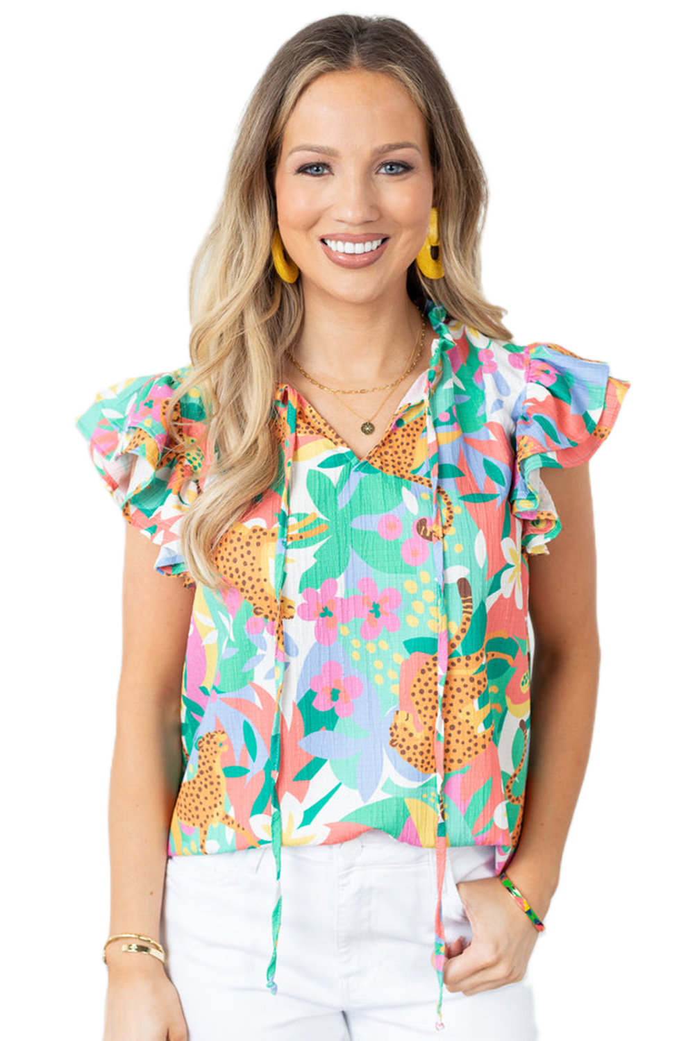 Women's Summer Green Frilly Ruffle Tie Split Neck Floral Blouse - Main View Women's Summer Green Frilly Ruffle Tie Split Neck Floral Blouse - Main View