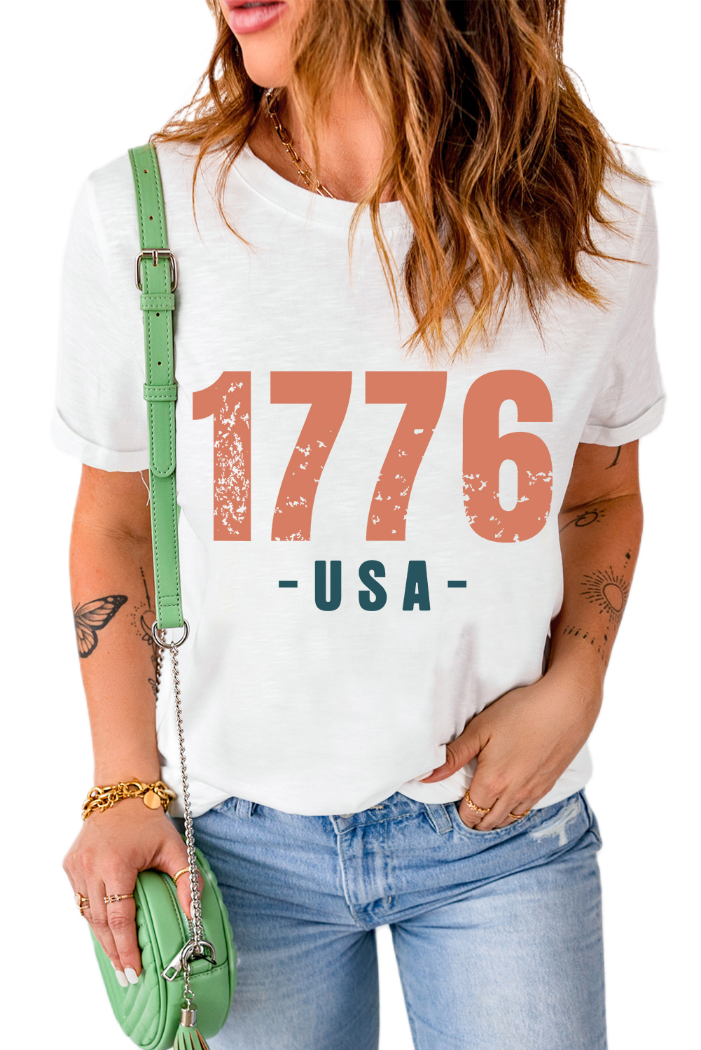 Women's 1776 USA Graphic T Shirt, Casual Summer Short Sleeve - Main View Women's 1776 USA Graphic T Shirt, Casual Summer Short Sleeve - Main View