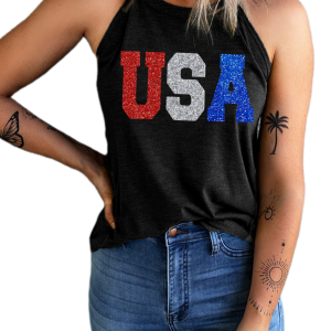 Women's USA Glitter Tank Top, Patriotic Sleeveless Casual Tee - Main View