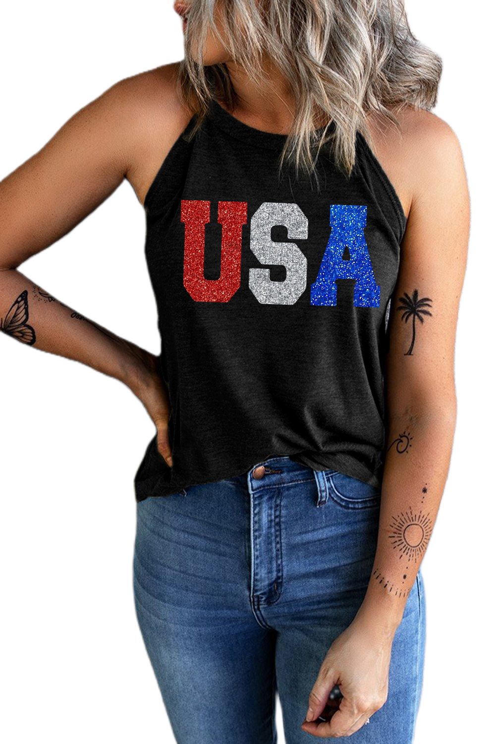 Women's USA Glitter Tank Top, Patriotic Sleeveless Casual Tee - Main View Women's USA Glitter Tank Top, Patriotic Sleeveless Casual Tee - Main View