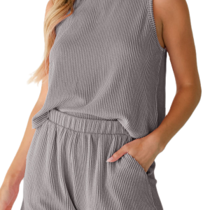 Women's Ribbed Sleeveless Set, Casual Grey Round Neck Outfit - Main View