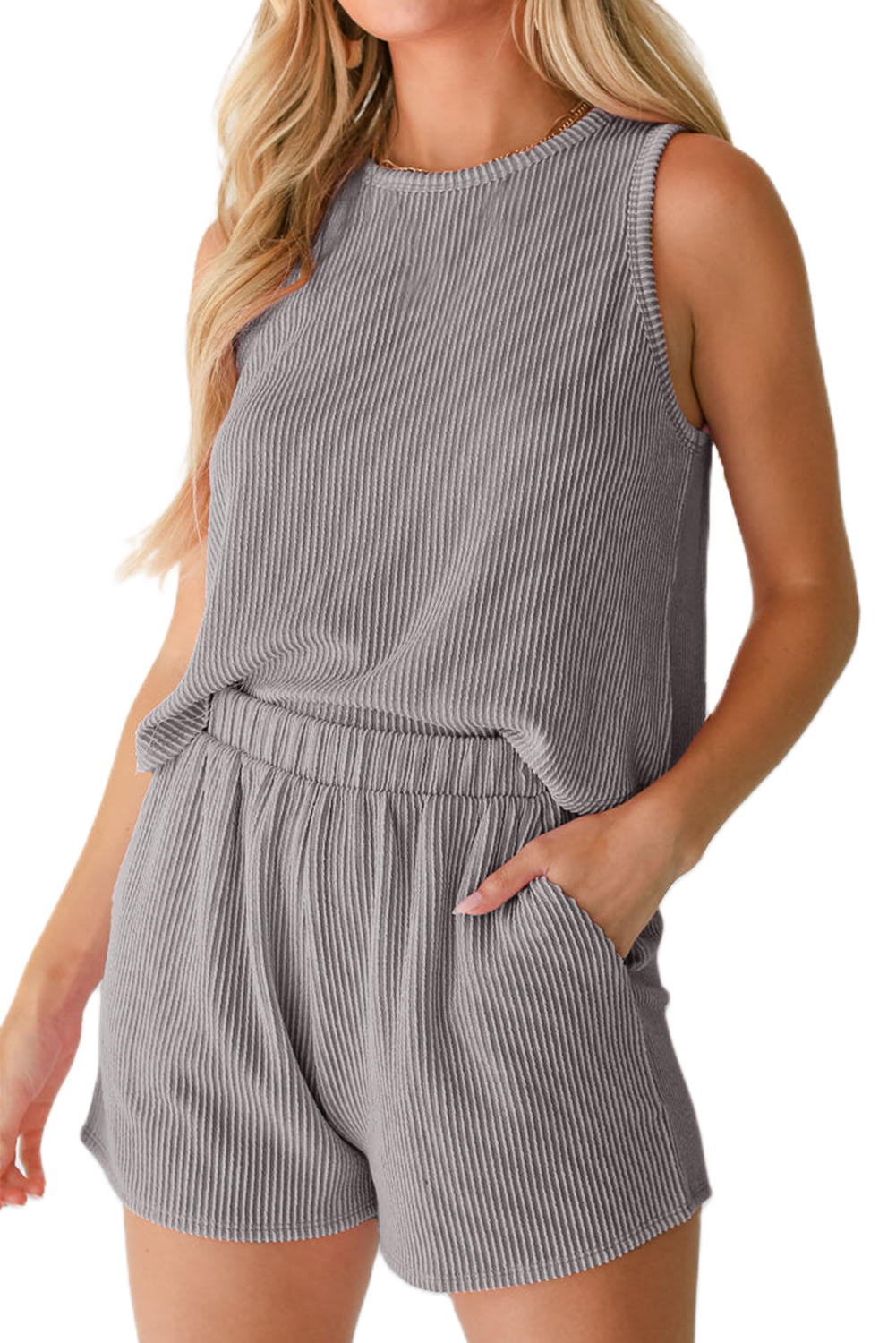 Women's Ribbed Sleeveless Set, Casual Grey Round Neck Outfit - Main View Women's Ribbed Sleeveless Set, Casual Grey Round Neck Outfit - Main View