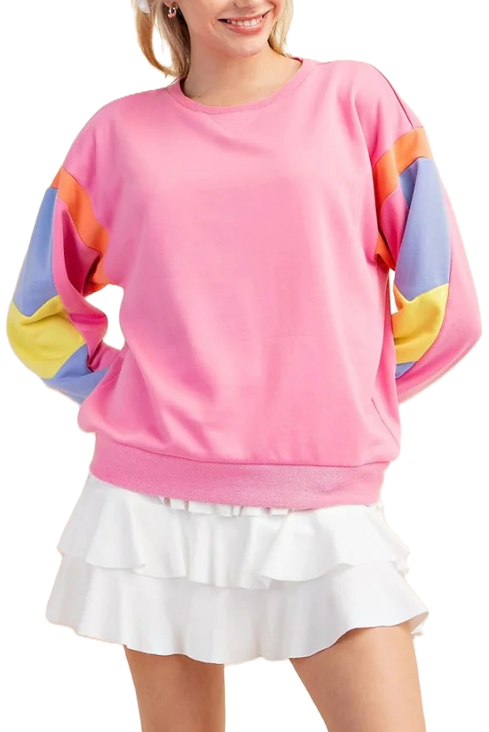Women's Pink Candy Colorblock French Terry Long Sleeve Top - Main View Women's Pink Candy Colorblock French Terry Long Sleeve Top - Main View