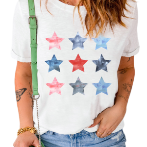 Women's White Flag Day Stars Print Crew Neck T-Shirt - Main View