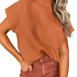 Women's Ribbed Knit Sweater, Casual Short Sleeve Mock Neck - Main View