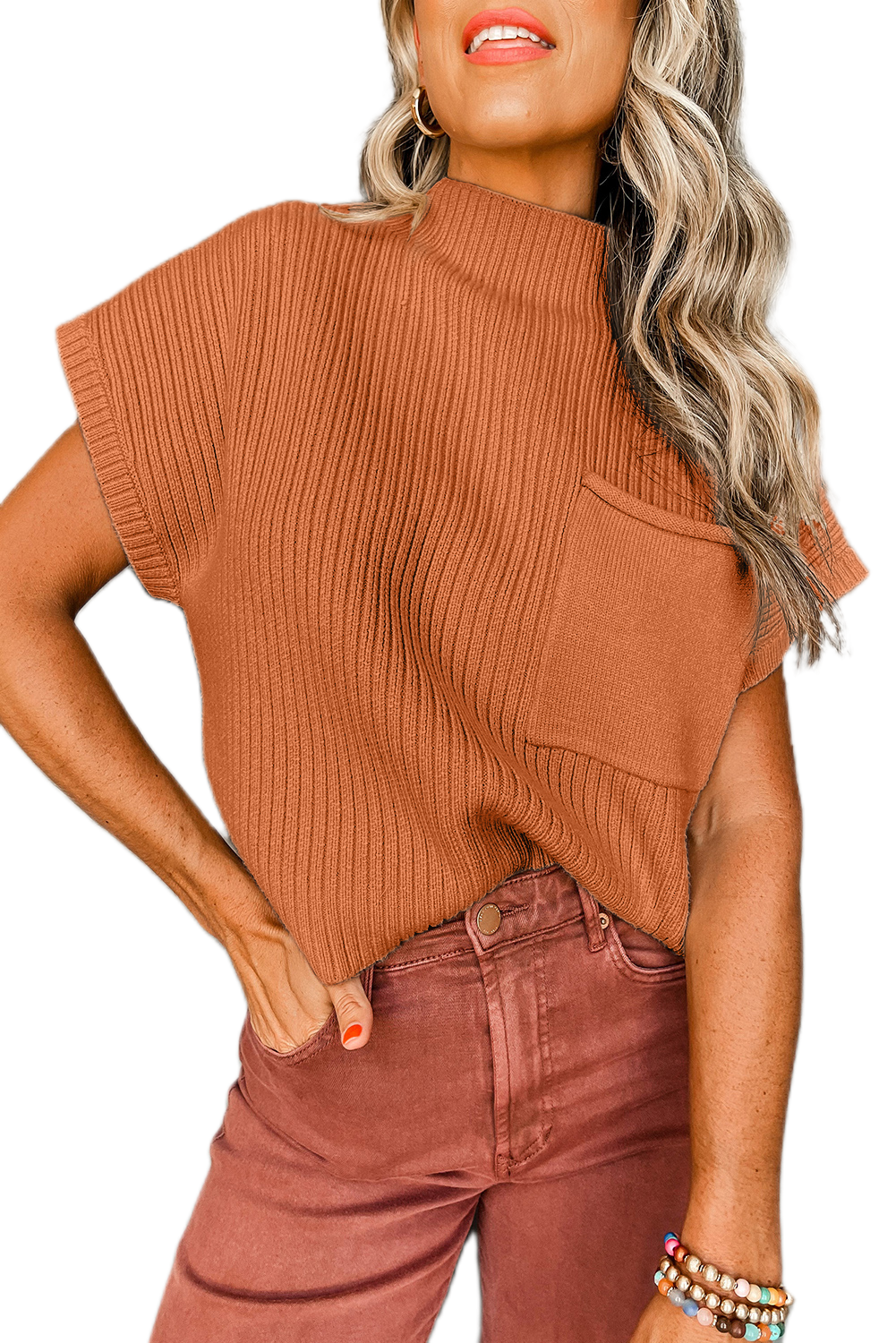 Women's Ribbed Knit Sweater, Casual Short Sleeve Mock Neck - Main View Women's Ribbed Knit Sweater, Casual Short Sleeve Mock Neck - Main View