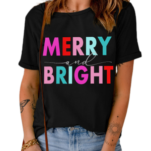 Women's Merry and Bright Graphic Tee, Casual Holiday Top - Main View