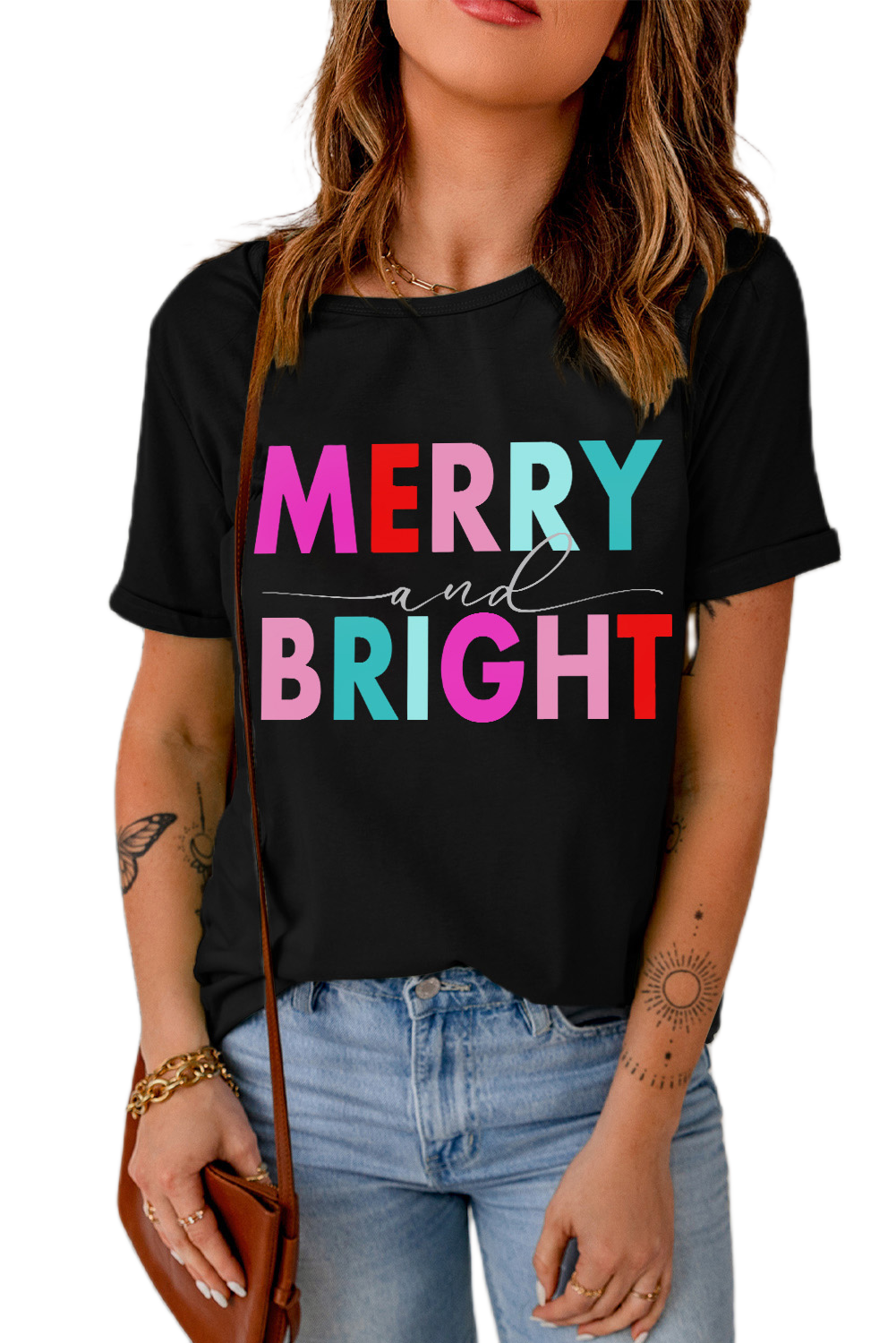 Women's Merry and Bright Graphic Tee, Casual Holiday Top - Main View Women's Merry and Bright Graphic Tee, Casual Holiday Top - Main View