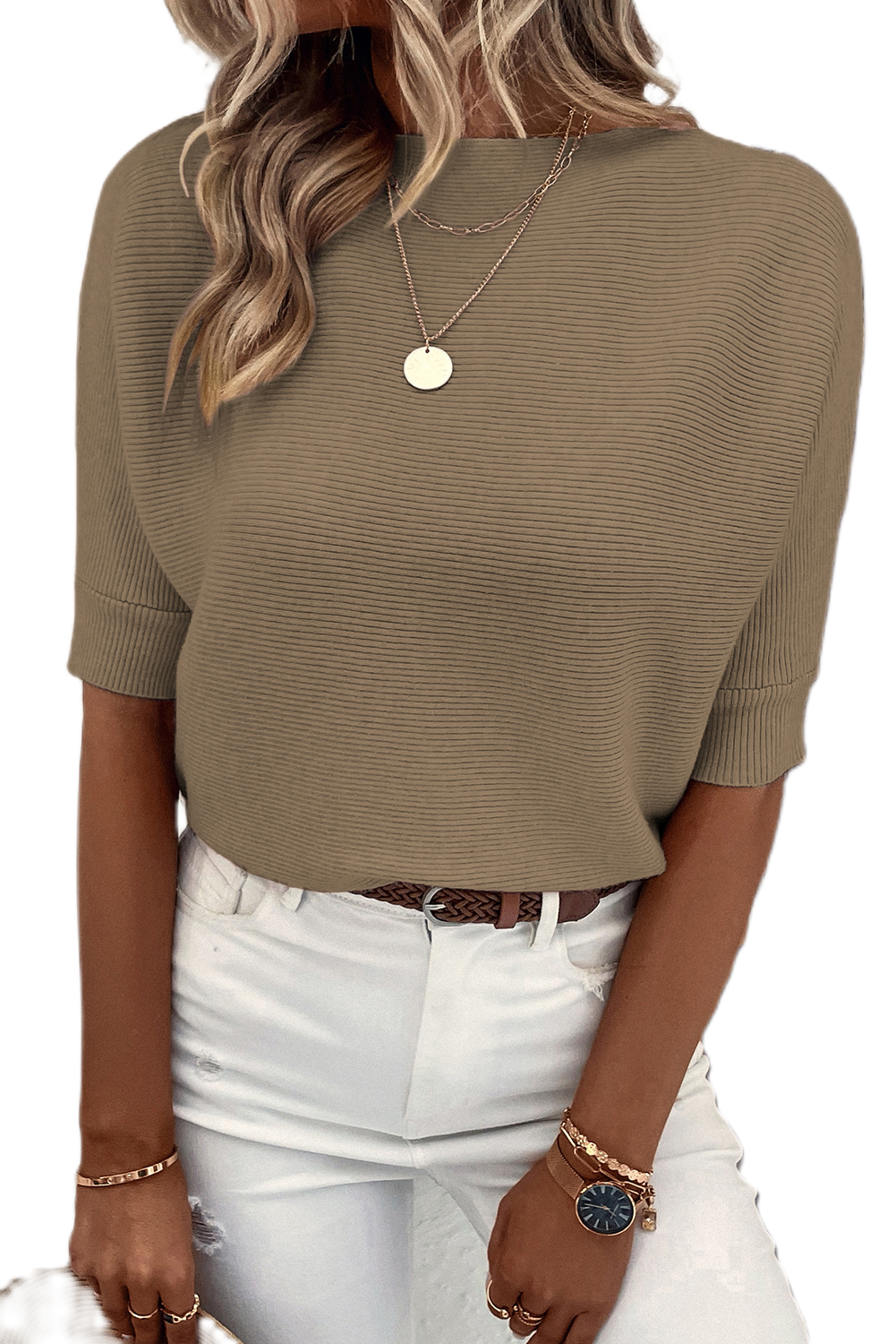 Women's Coffee Ribbed Knit Top, Casual Half Sleeve Sweater - Main View Women's Coffee Ribbed Knit Top, Casual Half Sleeve Sweater - Main View
