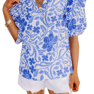 Women's Dark Blue Floral Print Ruffled Bubble Sleeve Blouse - Main View