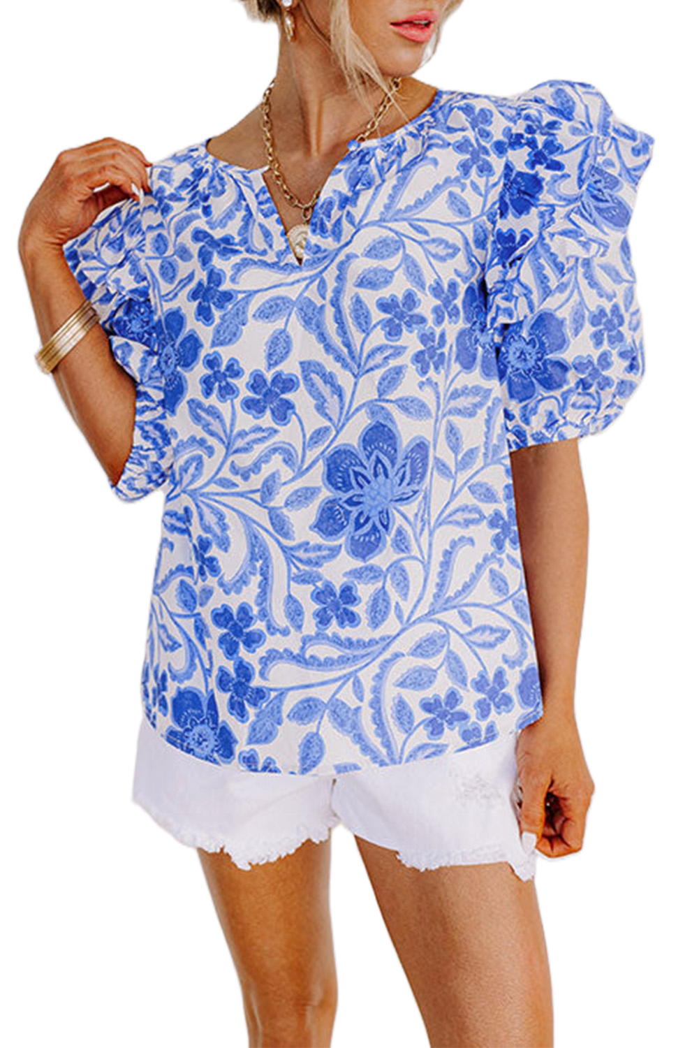 Women's Dark Blue Floral Print Ruffled Bubble Sleeve Blouse - Main View Women's Dark Blue Floral Print Ruffled Bubble Sleeve Blouse - Main View
