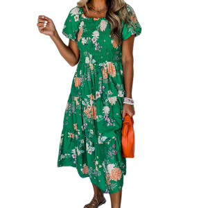Women's Green Floral Midi Dress, Smocked Puff Sleeve Casual - Main View