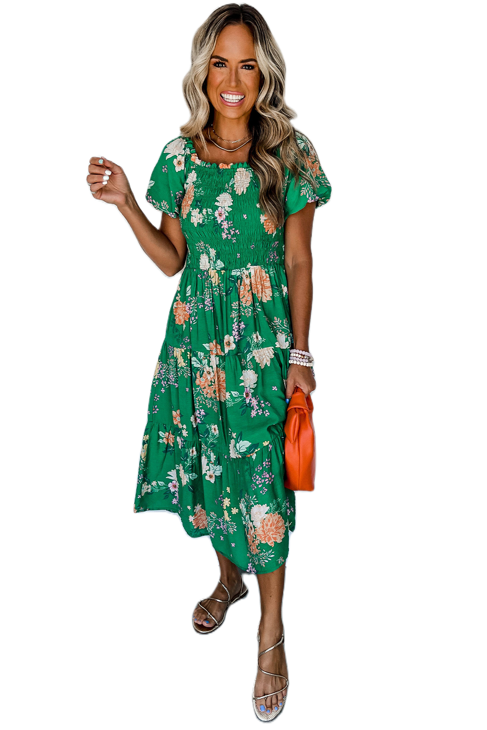 Women's Green Floral Midi Dress, Smocked Puff Sleeve Casual - Main View Women's Green Floral Midi Dress, Smocked Puff Sleeve Casual - Main View