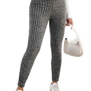 Women's Ribbed Knit Leggings, High Waist Casual Gray Pants - Main View