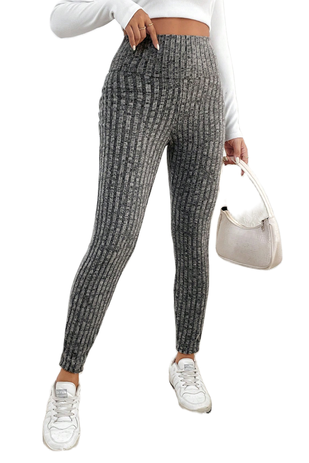Women's Ribbed Knit Leggings, High Waist Casual Gray Pants - Main View Women's Ribbed Knit Leggings, High Waist Casual Gray Pants - Main View