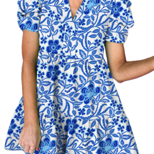 Women's Blue Floral Print Puff Sleeve Tiered Mini Dress - Main View